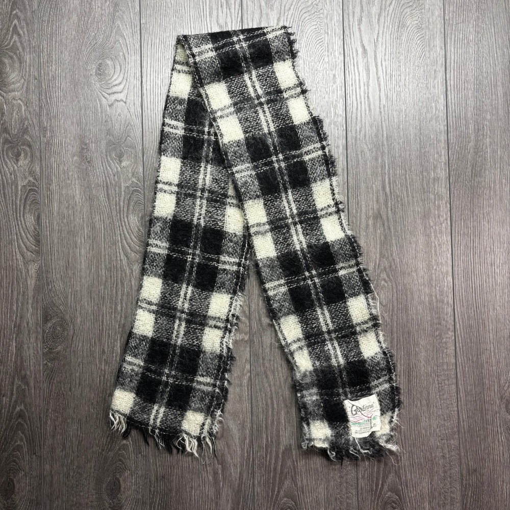 Vintage Glentana Mohair Wool Scarf Made in Scotland Black White Plaid 14x60